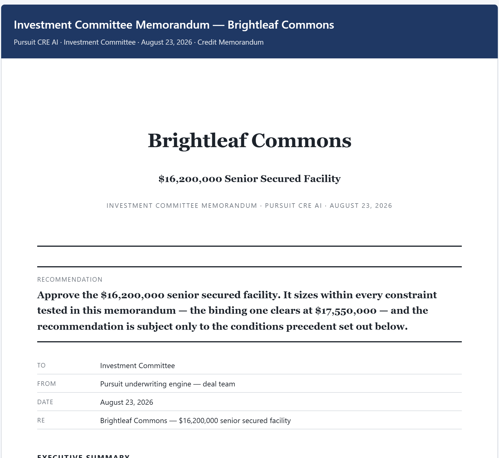 Cover page of the Investment Committee Memorandum for Brightleaf Commons, opening on the recommendation to approve a $16,200,000 senior secured facility.